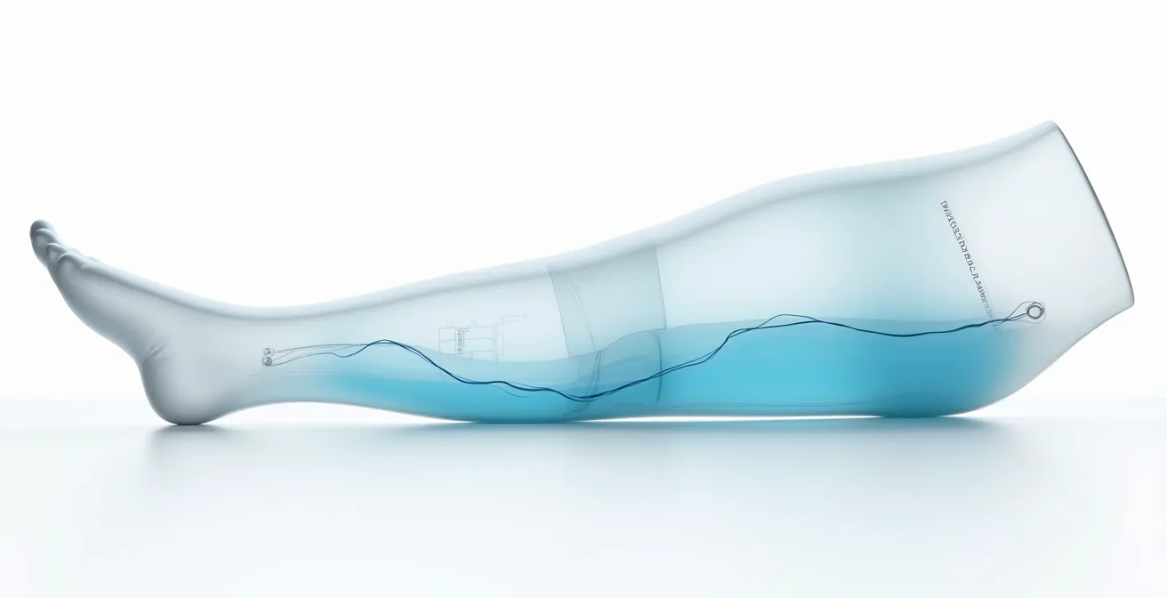 Cross-section view of leg showing compression boot chambers inflating in sequence from ankle to thigh