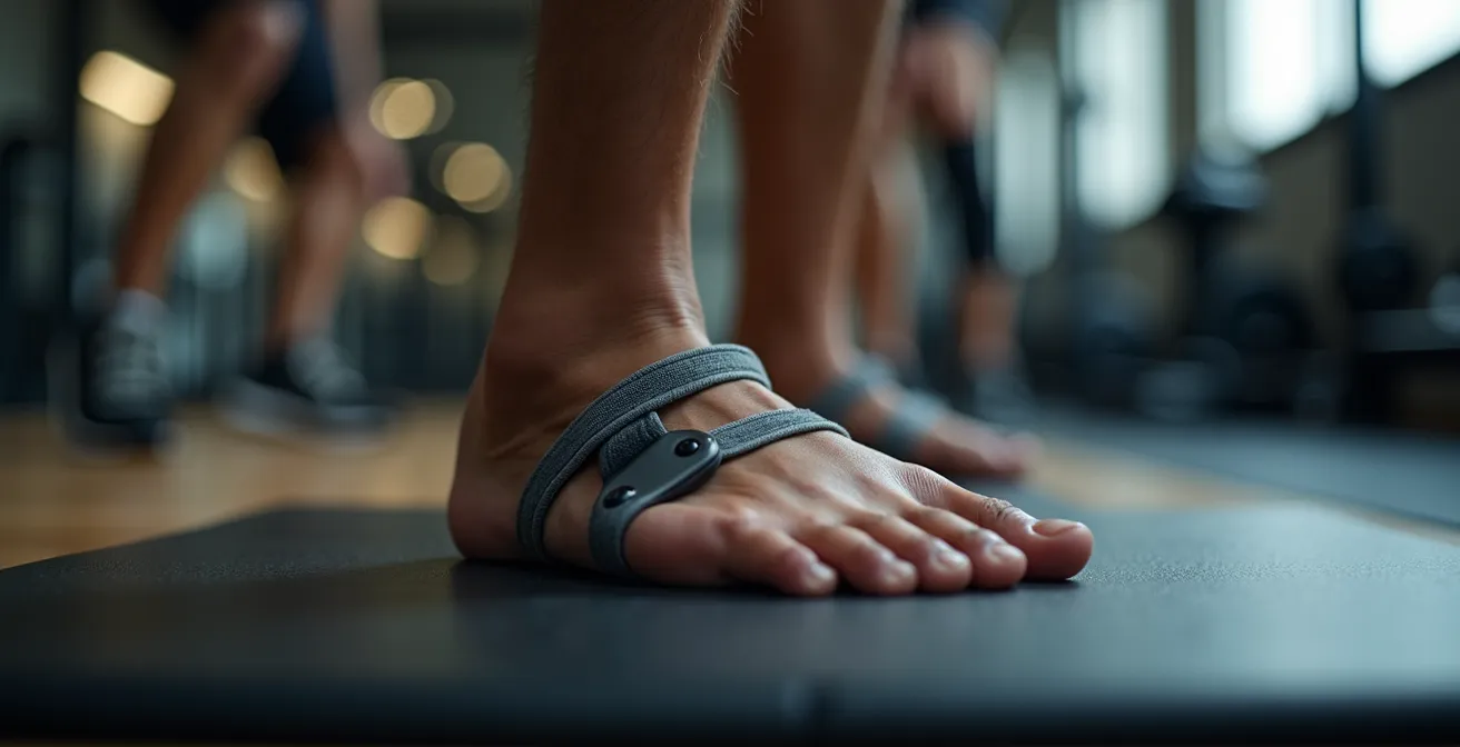 Close-up demonstration of proper single-leg step-down form focusing on knee alignment