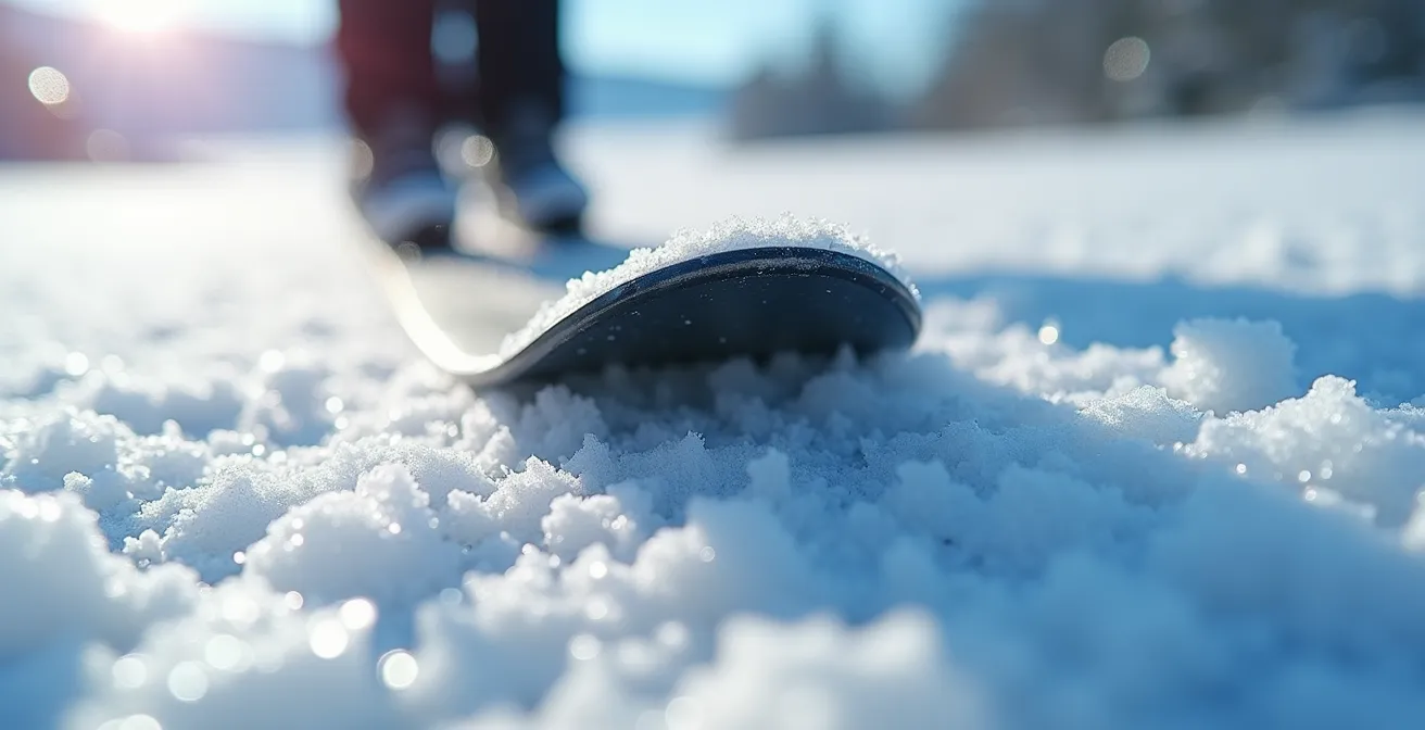 Close-up of ski edge engagement on icy slope surface