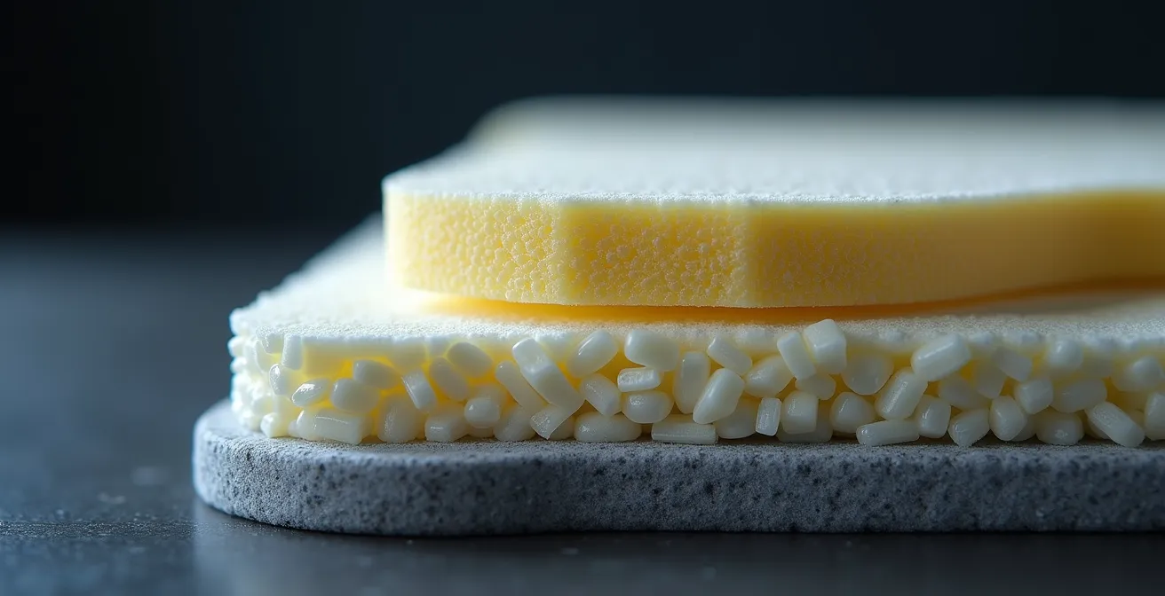 Macro view of sleeping pad insulation material showing its complex internal layers.