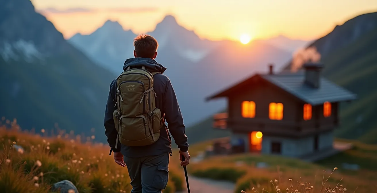Solo hiker approaching mountain hut at sunset with dramatic alpine backdrop