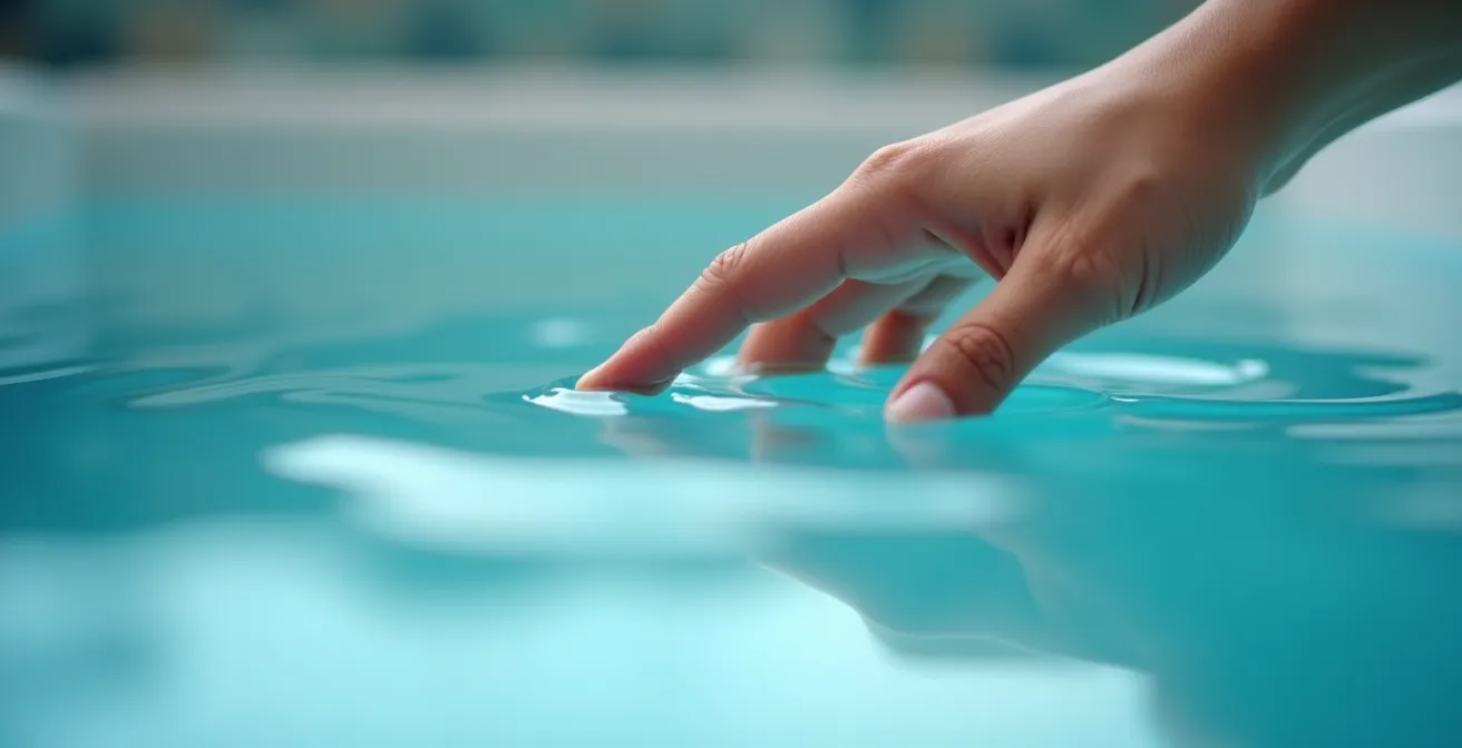 Close-up view of a hand testing the surface of spa water for cleanliness, checking for biofilm.
