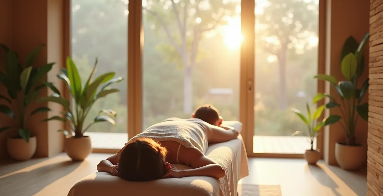 Wide angle view of athletic massage therapy session in professional recovery setting