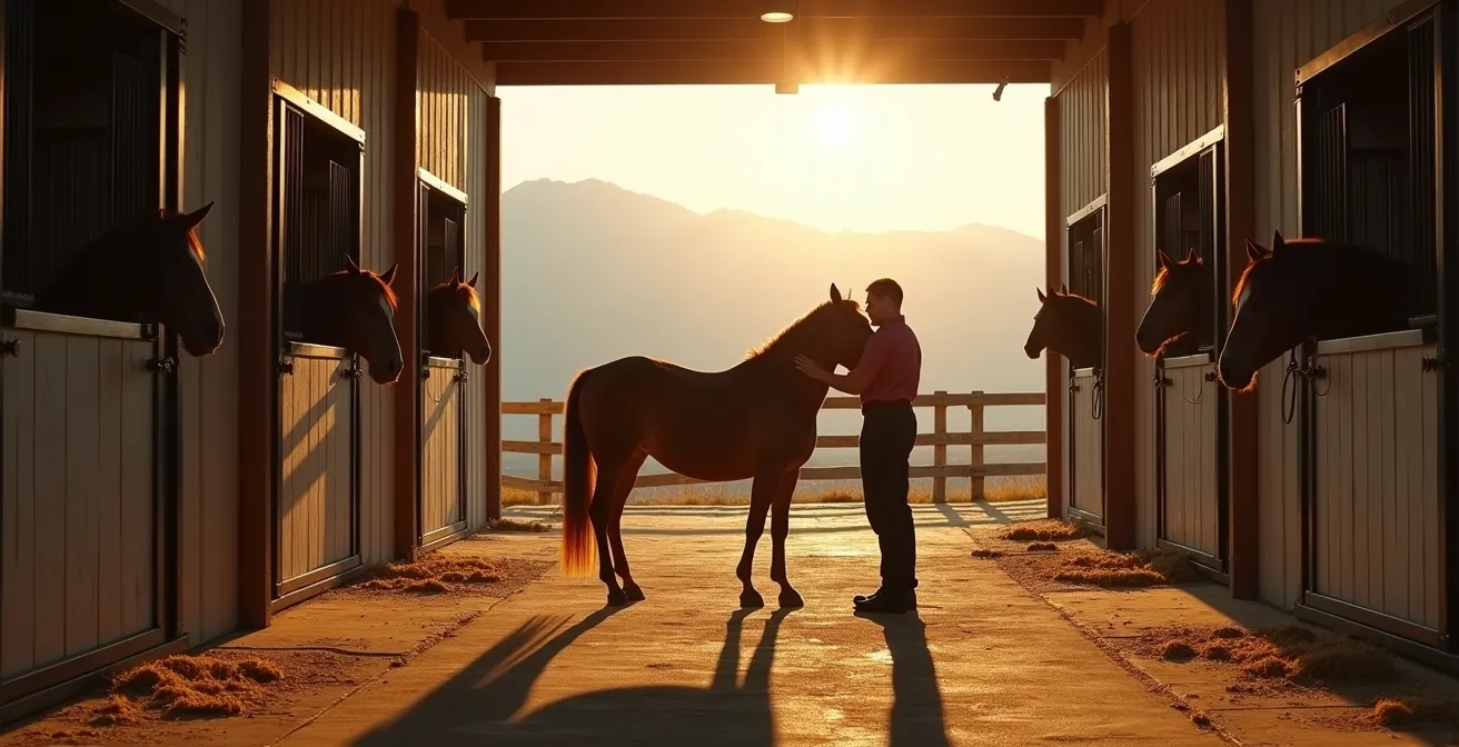 Wide shot of stable environment with groom tending to horses in morning light