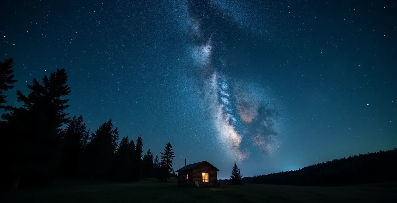 Pristine dark night sky filled with stars above remote cabin