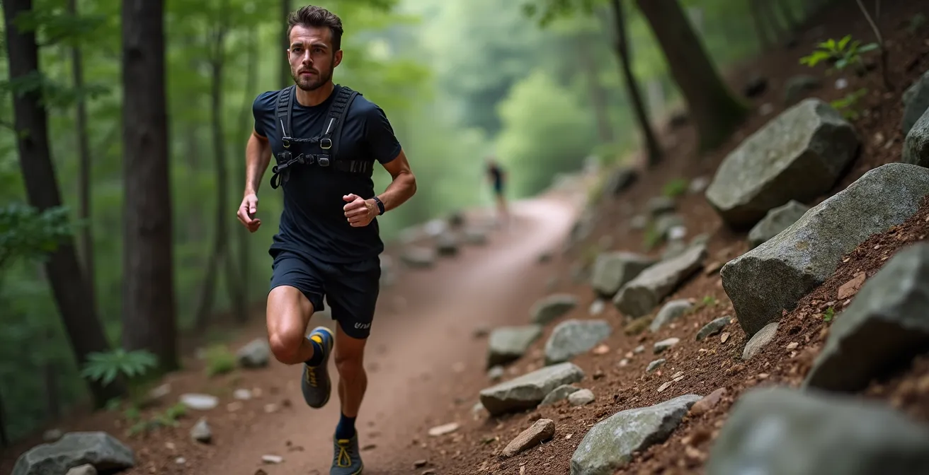 Runner descending technical rocky trail with proper visual scanning technique