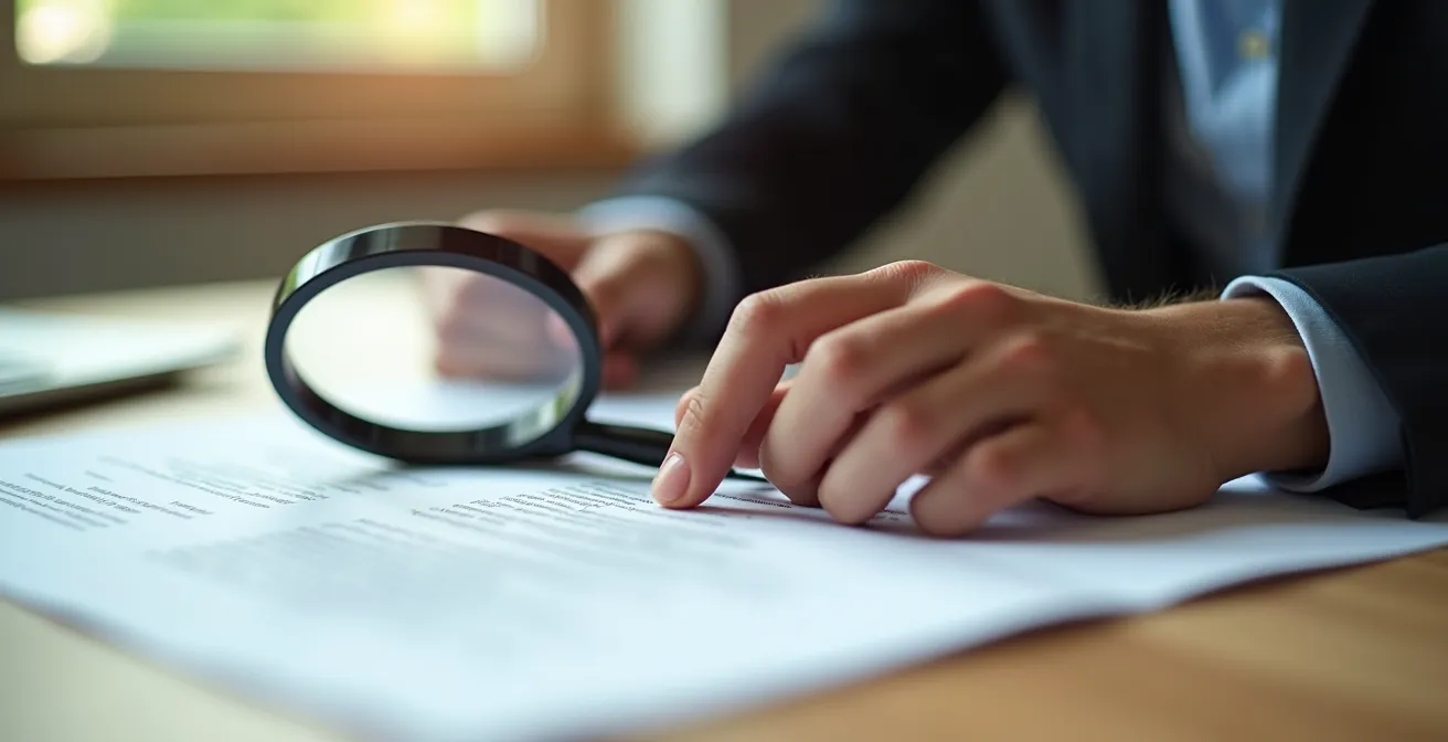 Person examining insurance documents with magnifying glass highlighting key coverage areas