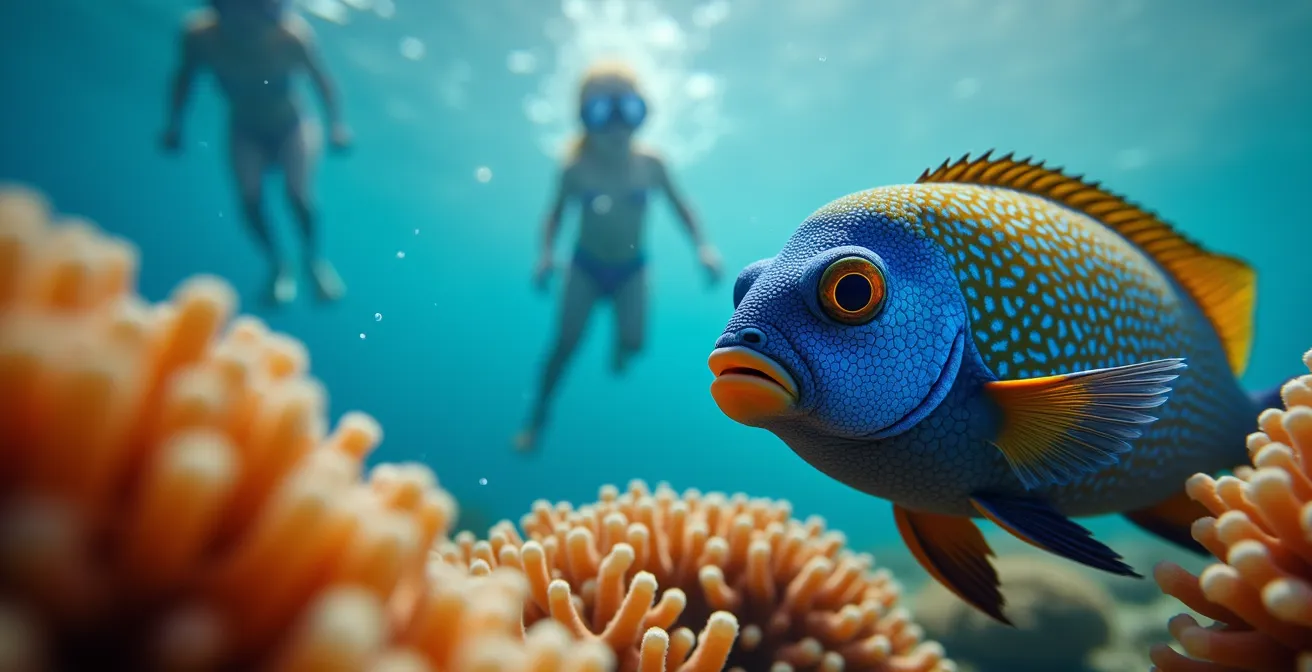 Close-up underwater view of colorful tropical fish near coral reef with snorkelers in background