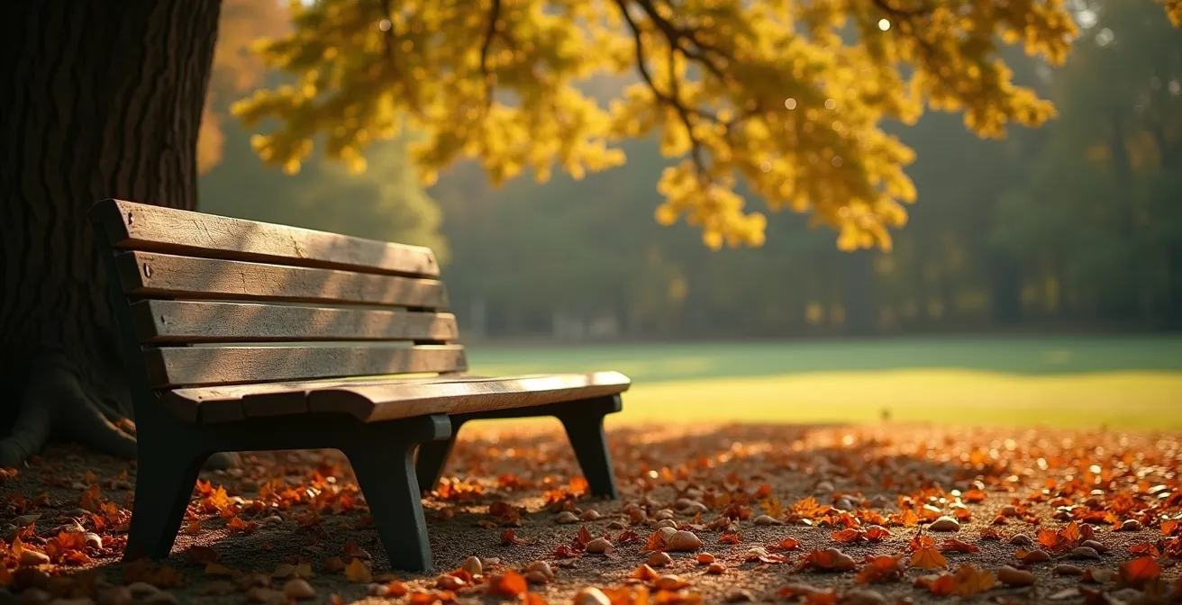 Empty park bench under a tree with soft afternoon light, suggesting spontaneous rest without planning