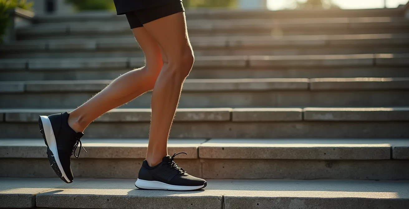 Athletic leg muscles engaged during backward stair descent exercise