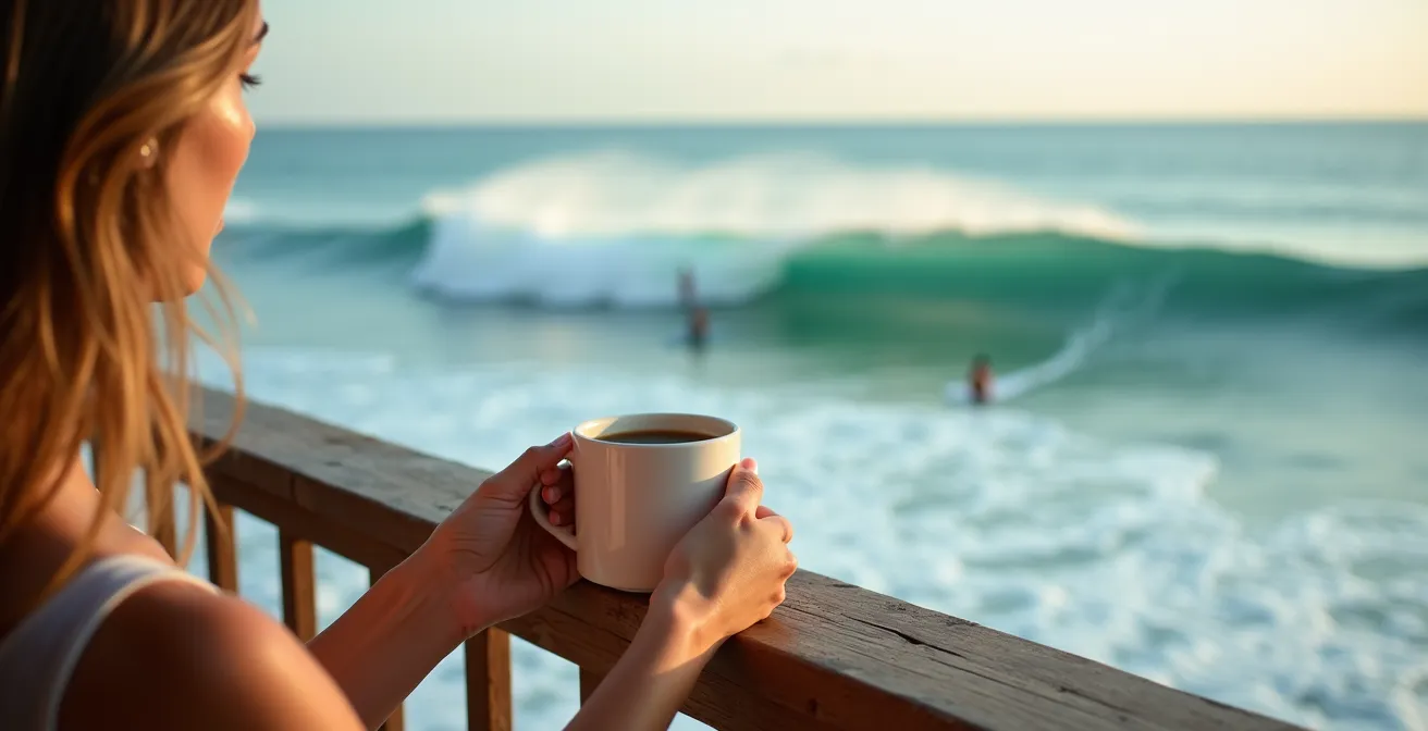 Resort balcony perspective overlooking ocean waves with binoculars on table