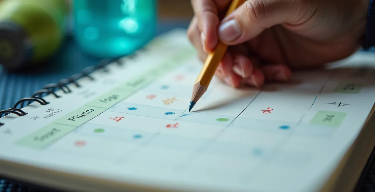 A close-up of a training journal with color-coded marks indicating weekly Pilates and cycling sessions.