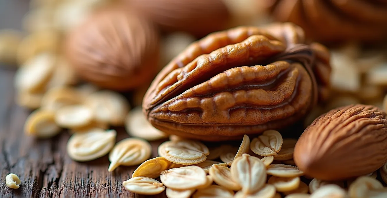 Extreme close-up of fibrous whole grain textures and nuts