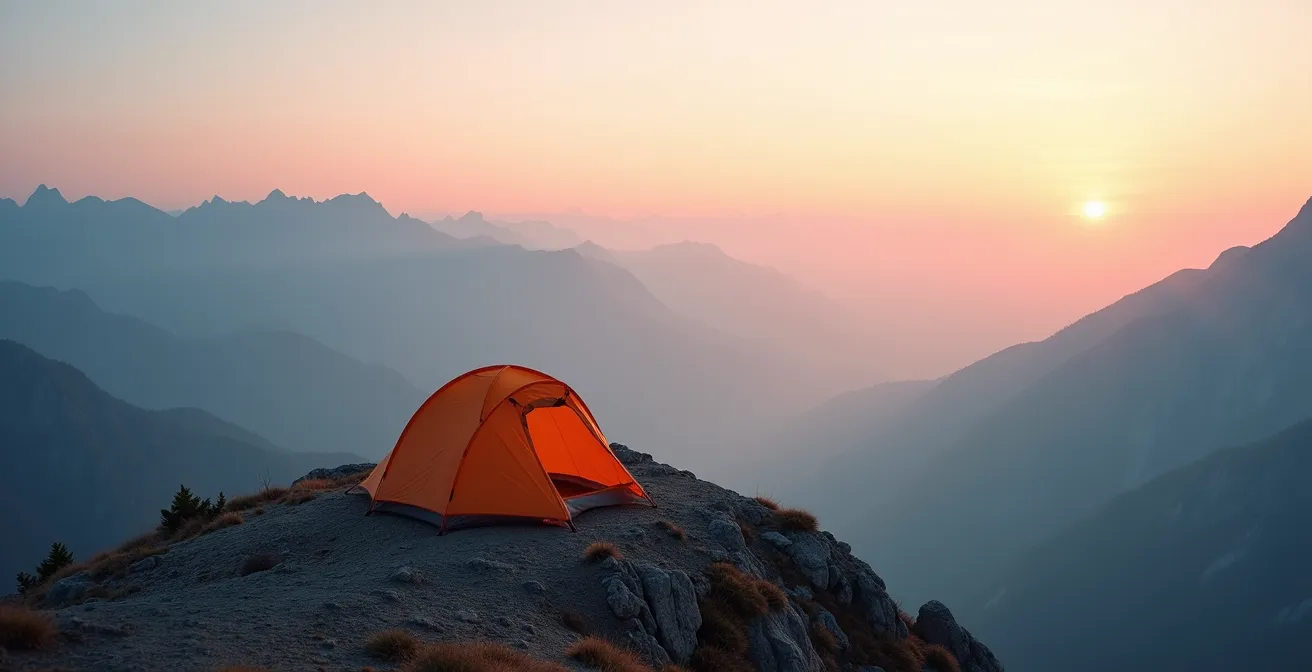 A simple, minimalist tent setup in a pristine wilderness landscape at dawn, emphasizing immersion in nature.